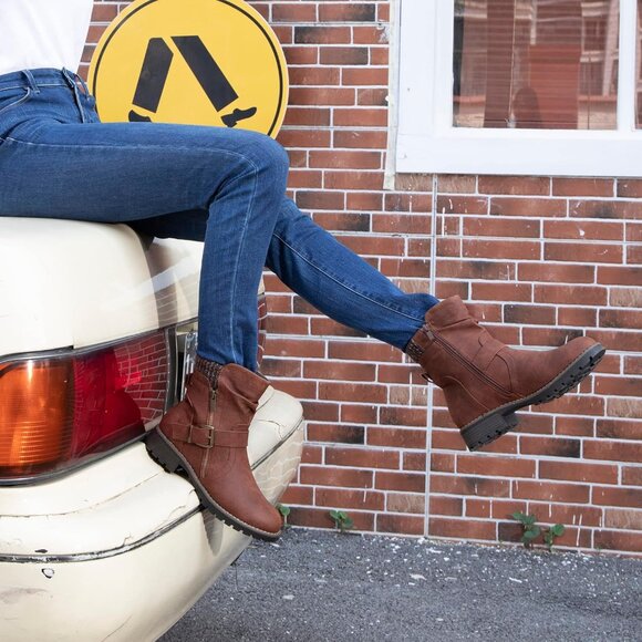 Women's Combat Brown Boots Side Zipper Closure Buckle Fashion Ankle Booties - Picture 2 of 7